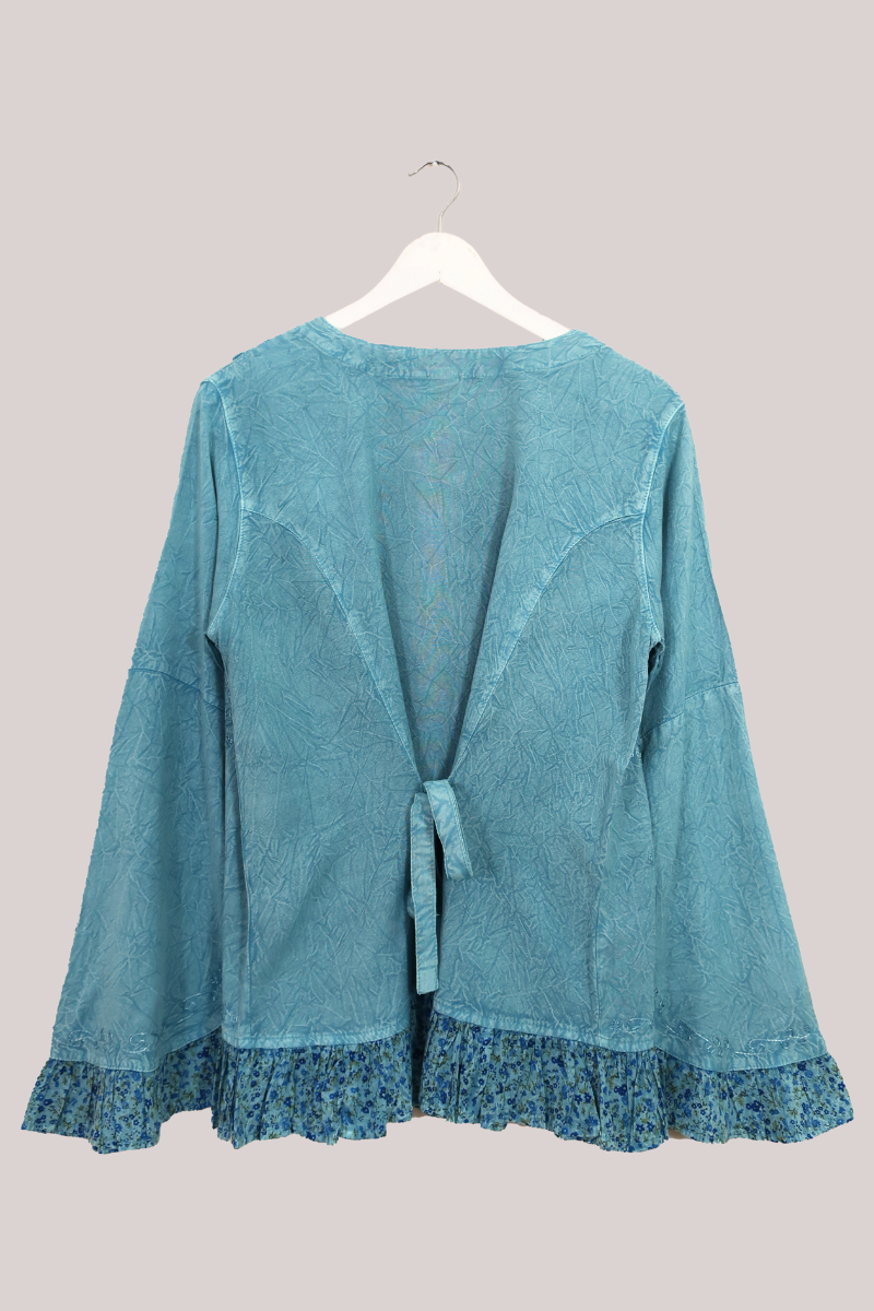 Embroidered Frill Sleeve Blouse in Pearl Blue - Free Size