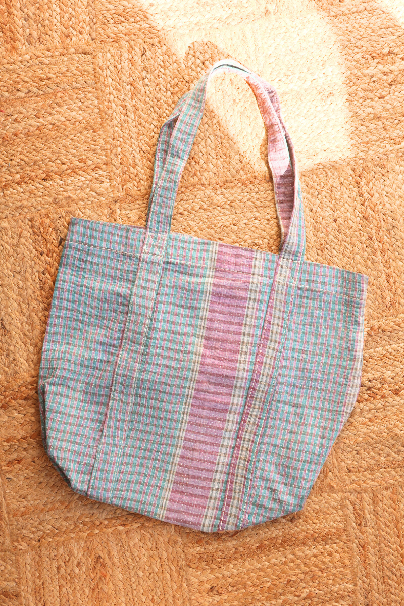 Vintage Kantha Tote Bag in Lavender and Jade Stripe by All About Audrey
