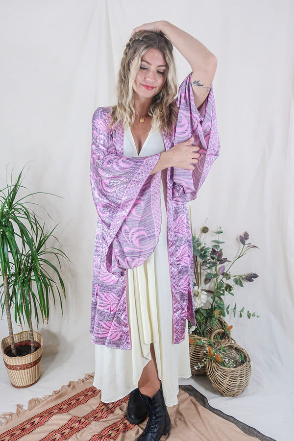 Gemini Kimono - Dried Lavender Floral - Vintage Indian Sari - Size XS by All About Audrey