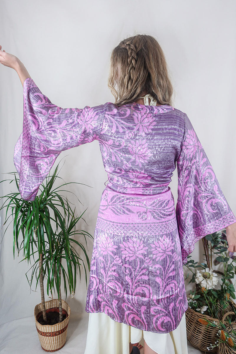 Gemini Kimono - Dried Lavender Floral - Vintage Indian Sari - Size XS by All About Audrey