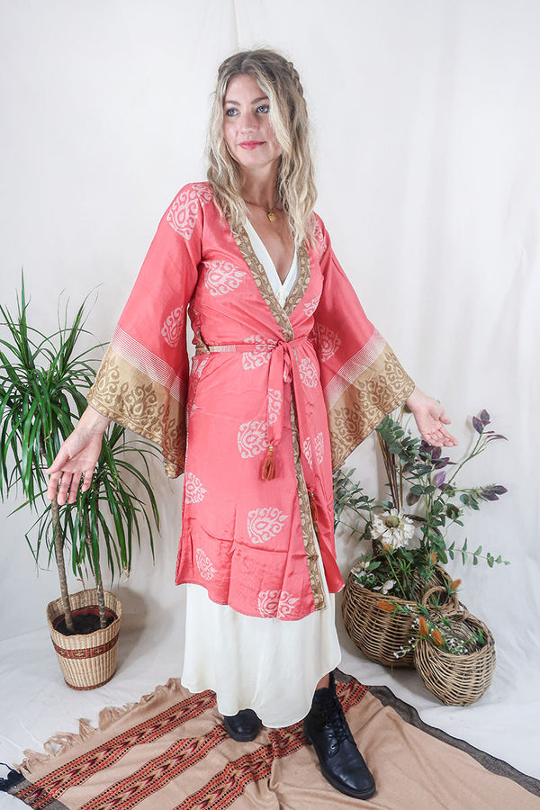 Gemini Kimono - Coral Pink Sands - Vintage Indian Sari - Size XS by All About Audrey