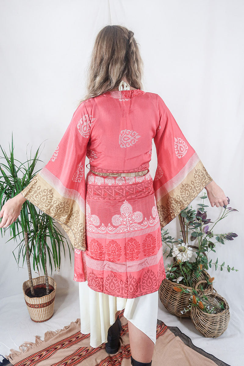 Gemini Kimono - Coral Pink Sands - Vintage Indian Sari - Size XS by All About Audrey