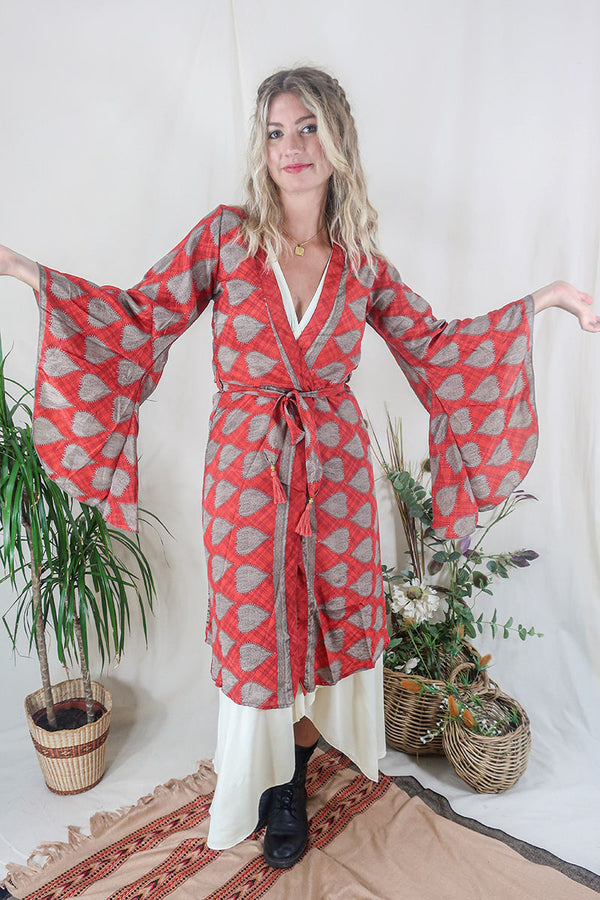 Gemini Kimono - Scarlet & Pearl Hearts - Vintage Indian Sari - Size XS by All About Audrey