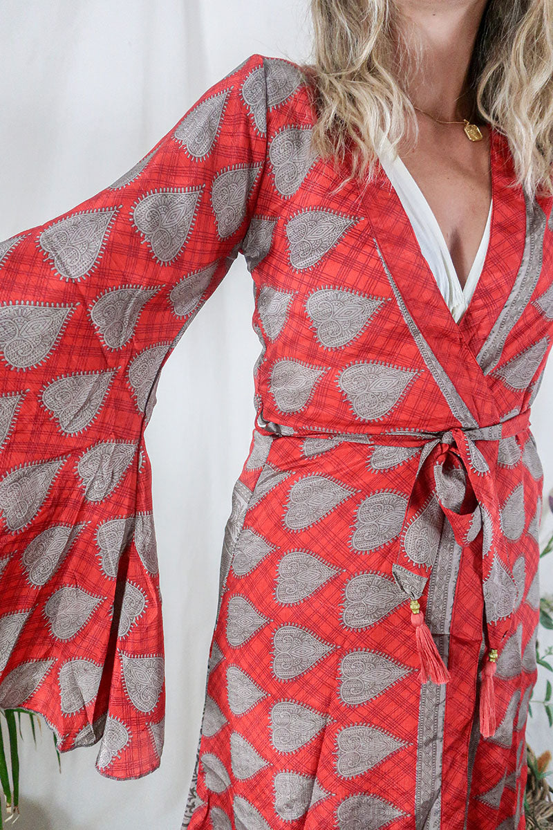 Gemini Kimono - Scarlet & Pearl Hearts - Vintage Indian Sari - Size XS by All About Audrey