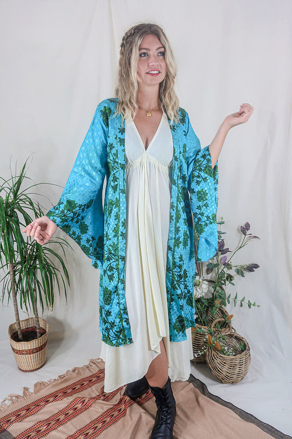 Gemini Kimono - Moss Green & Turquoise Paisley Floral - Vintage Indian Sari - Size XS by All About Audrey