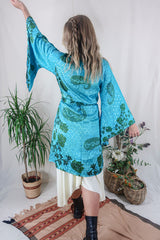 Gemini Kimono - Moss Green & Turquoise Paisley Floral - Vintage Indian Sari - Size XS by All About Audrey