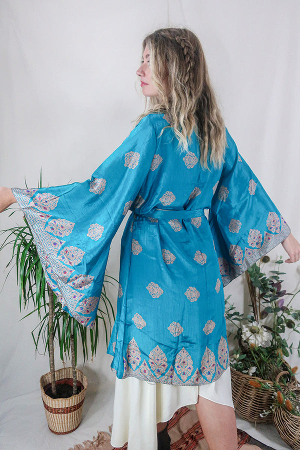 Gemini Kimono - Aquamarine Blue & Pine Leaf Motif - Vintage Indian Sari - Size XS by All About Audrey