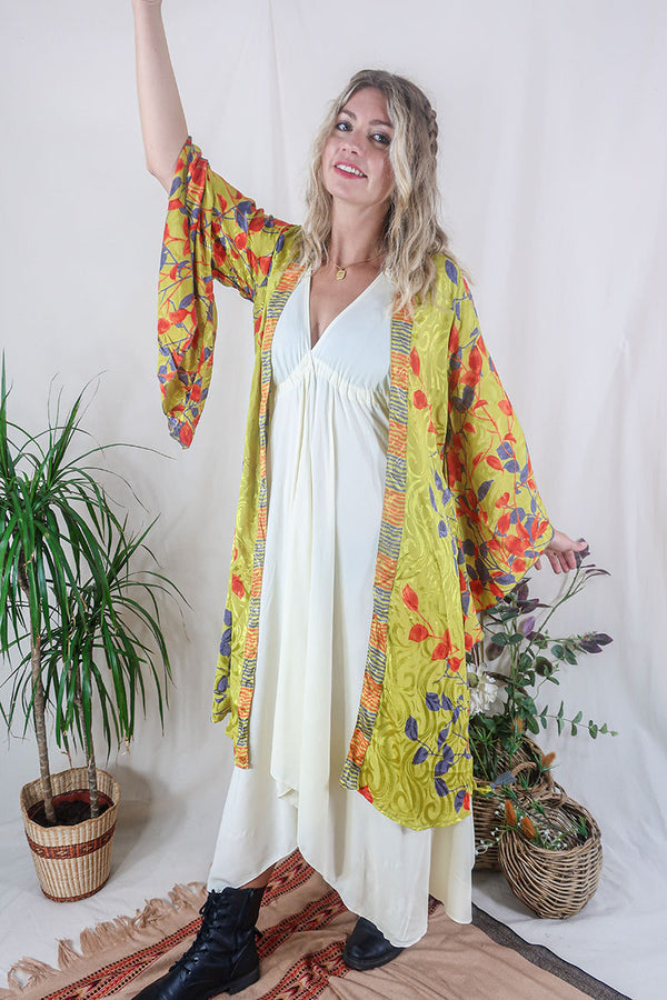 Gemini Kimono - Chartreuse & Silver Mandala - Vintage Indian Sari - Size M/L by All About Audrey by All About Audrey