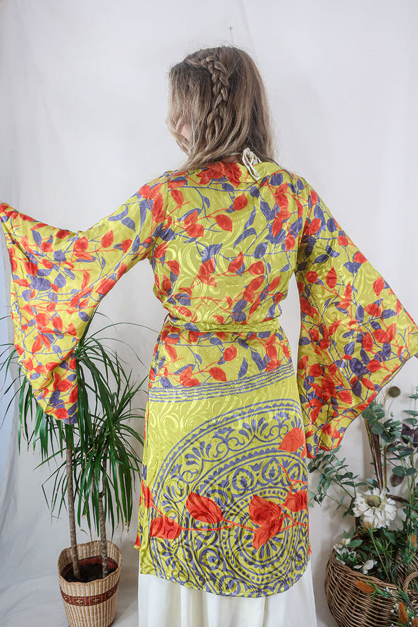 Gemini Kimono - Chartreuse & Silver Mandala - Vintage Indian Sari - Size M/L by All About Audrey
