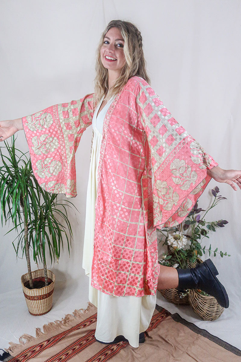 Gemini Kimono - Sherbet Pink & Flower Trim - Vintage Indian Sari - Size M/L by All About Audrey