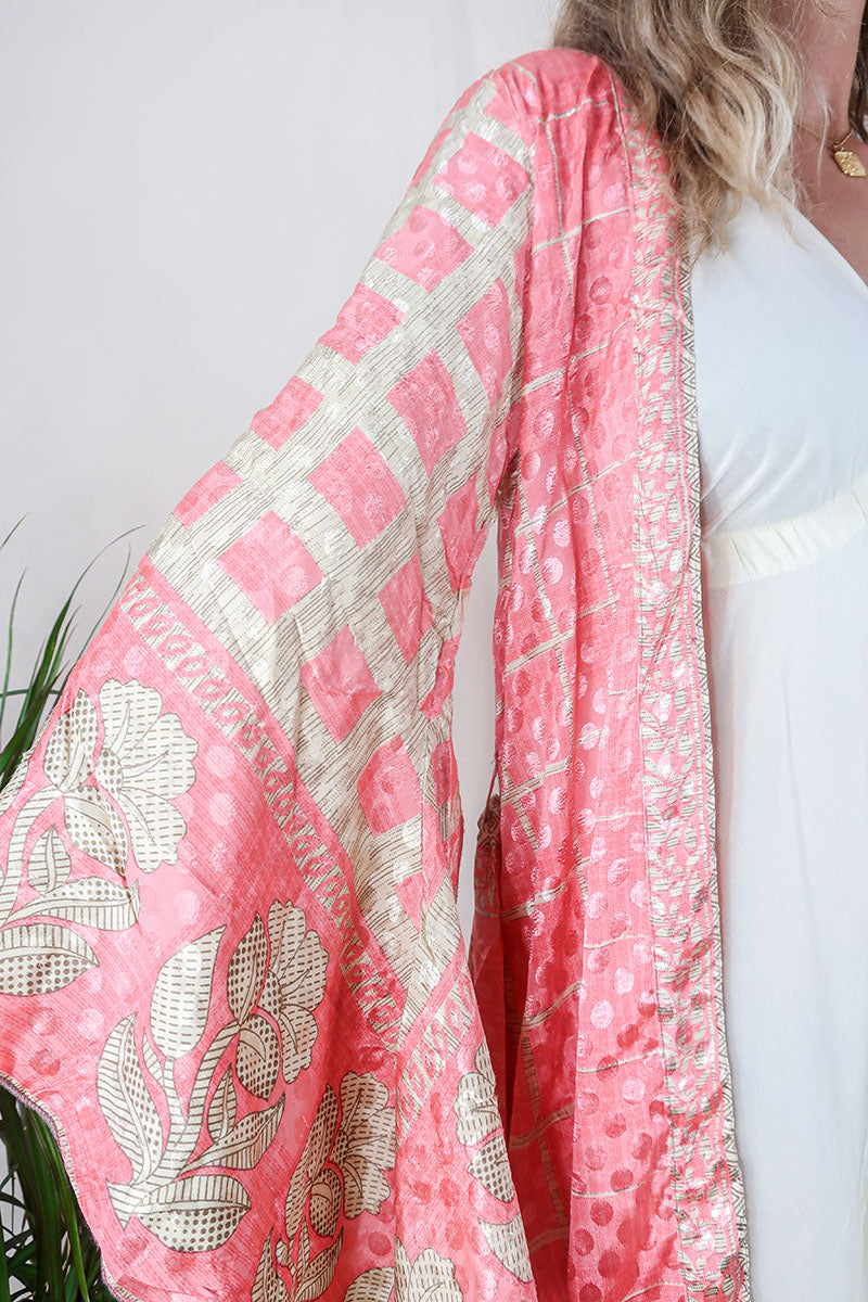 Gemini Kimono - Sherbet Pink & Flower Trim - Vintage Indian Sari - Size M/L by All About Audrey