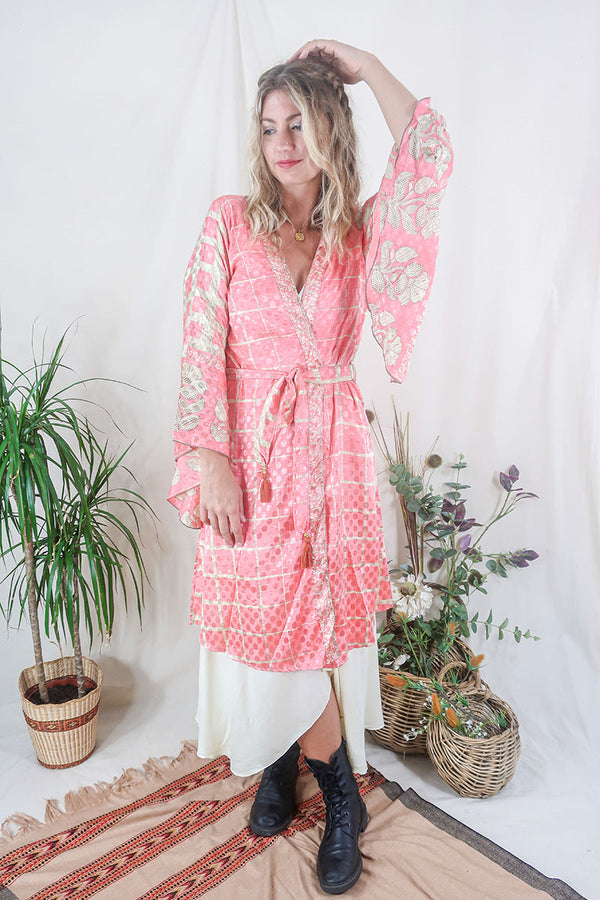 Gemini Kimono - Sherbet Pink & Flower Trim - Vintage Indian Sari - Size M/L by All About Audrey