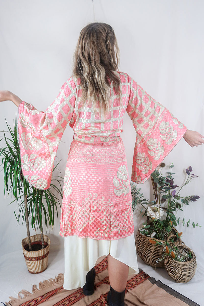 Gemini Kimono - Sherbet Pink & Flower Trim - Vintage Indian Sari - Size M/L by All About Audrey