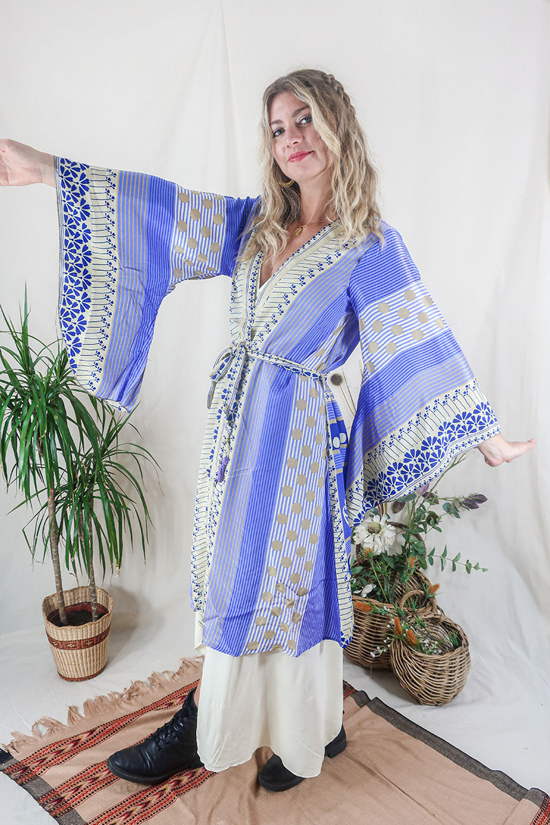 Gemini Kimono - Sweet Lilac Crocus Bloom - Vintage Indian Sari - Size XXL by All About Audrey