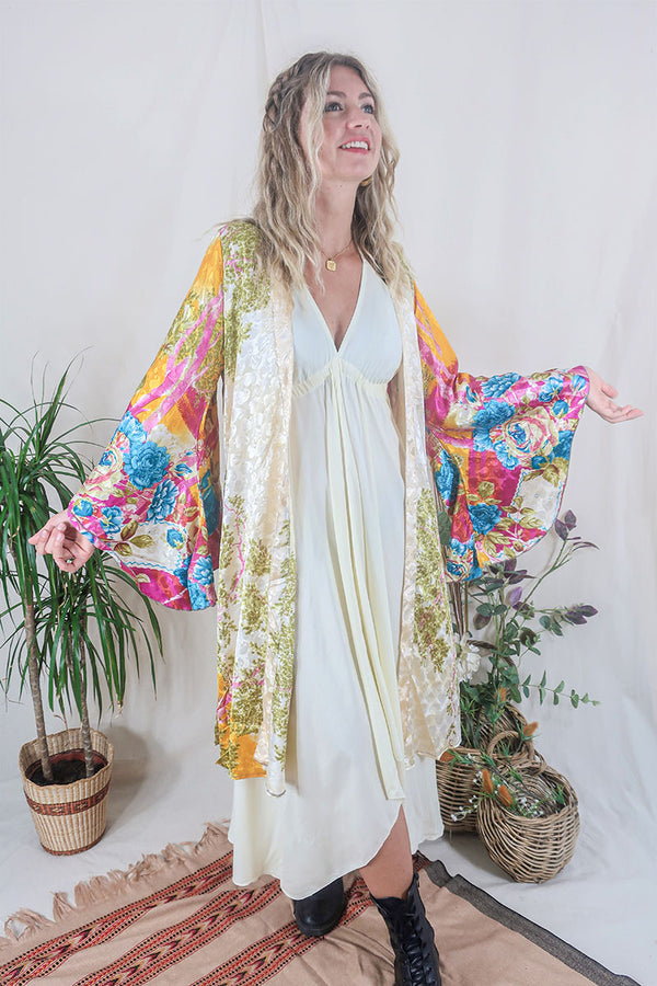Gemini Kimono - Bright Sunset Canopy - Vintage Indian Sari - Size XXL by all About Audrey