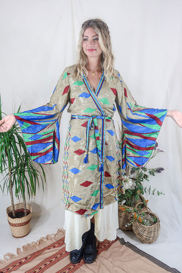 Gemini Kimono - Sandstone Paisley Jacquard - Vintage Indian Sari - Size XXL
