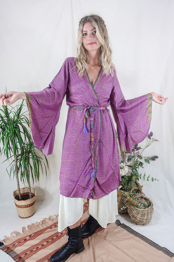 Gemini Kimono - Fuchsia & Camel Geometric - Vintage Indian Sari - Size XXL by All About Audrey