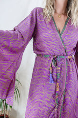 Gemini Kimono - Fuchsia & Camel Geometric - Vintage Indian Sari - Size XXL by All About Audrey
