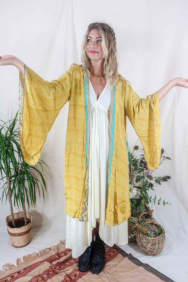 Gemini Kimono - Fields Of Maize - Vintage Indian Sari - Size XXL by All About Audrey