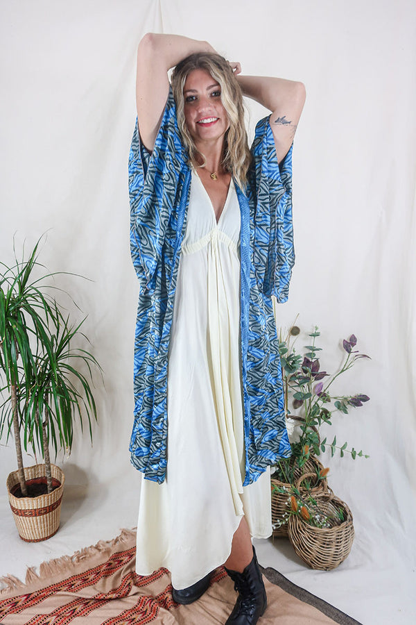 Gemini Kimono - Blue Lagoon Waves - Vintage Indian Sari - Size M/L by All About Audrey