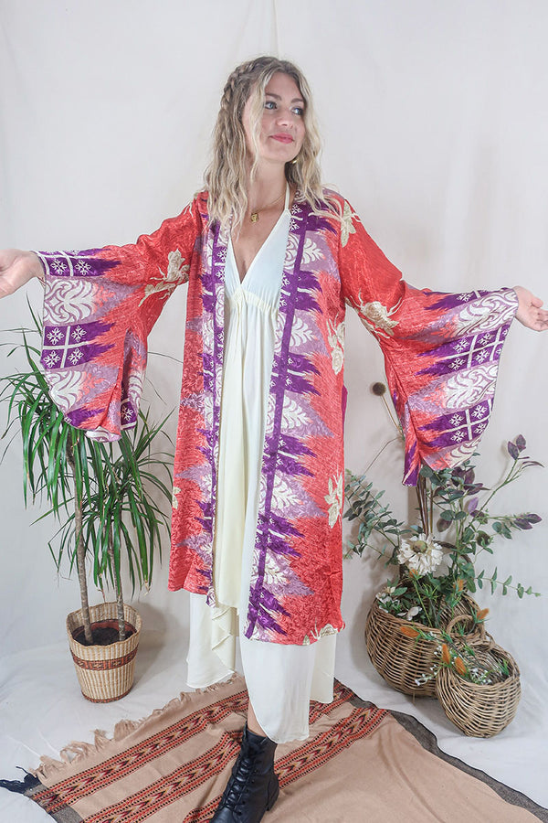 Gemini Kimono - Strawberry Red & Painted Roses - Vintage Indian Sari - Size M/L by All About Audrey