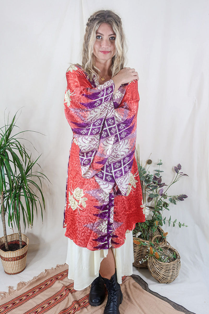 Gemini Kimono - Strawberry Red & Painted Roses - Vintage Indian Sari - Size M/L by All About Audrey