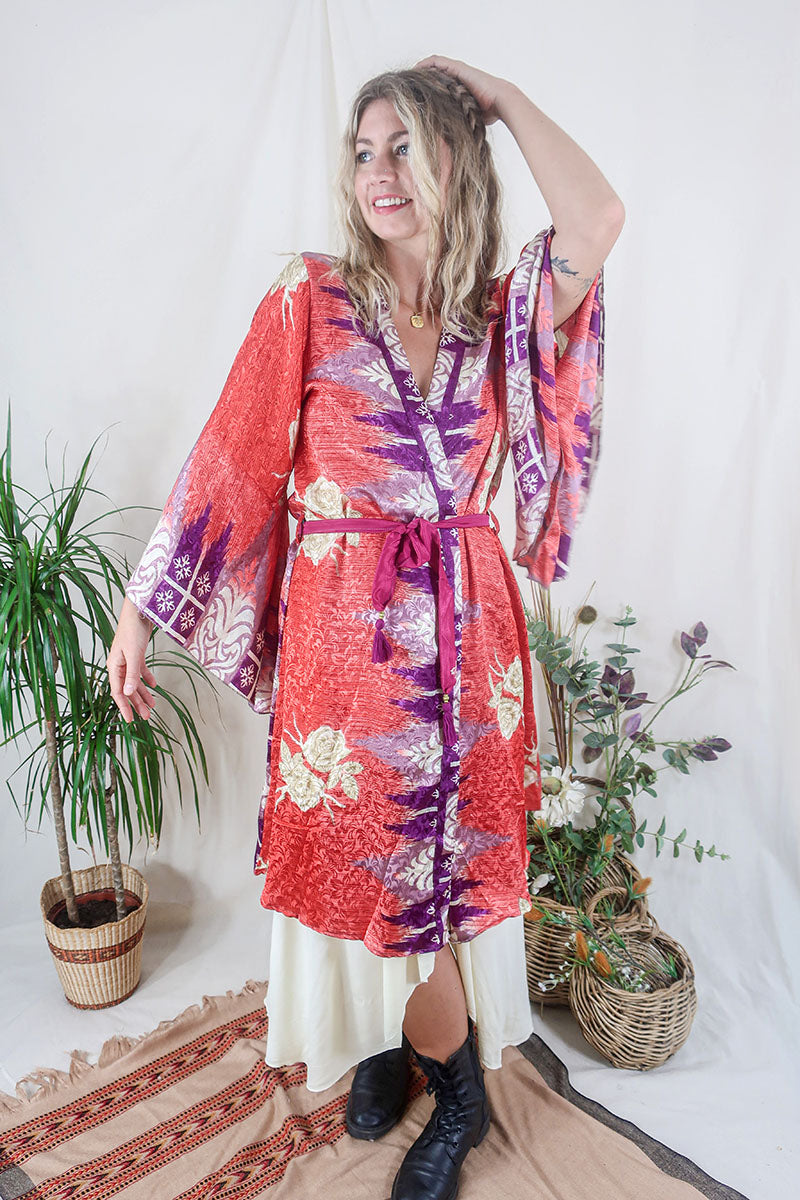 Gemini Kimono - Strawberry Red & Painted Roses - Vintage Indian Sari - Size M/L by All About Audrey