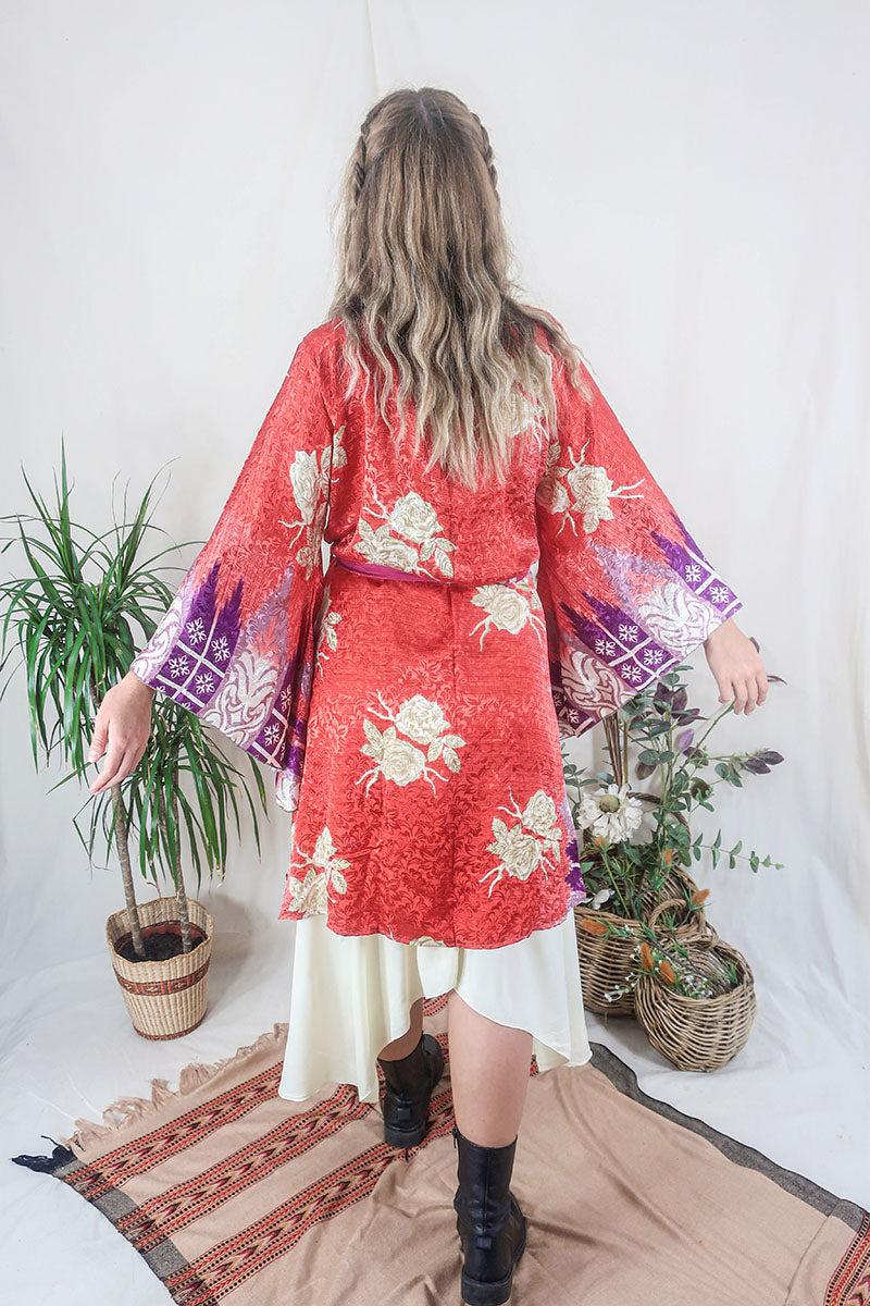 Gemini Kimono - Strawberry Red & Painted Roses - Vintage Indian Sari - Size M/L by All About Audrey