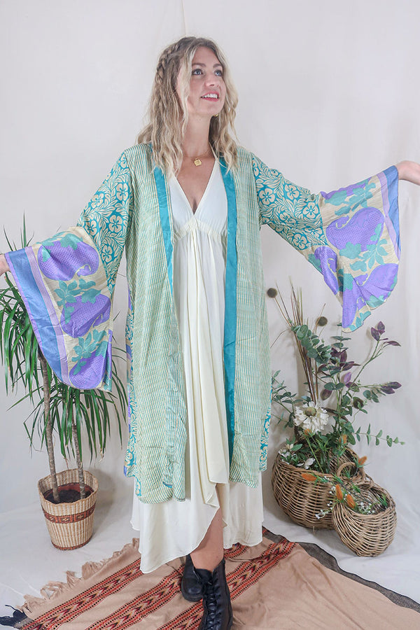 Gemini Kimono - Hawaiian Blue & Hibiscus Lilac - Vintage Indian Sari - Size XS by All About Audrey
