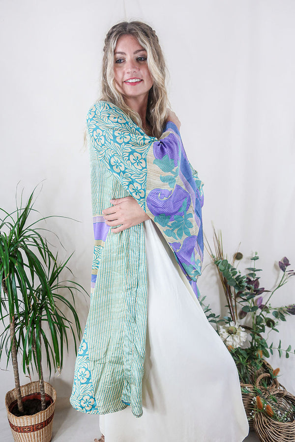 Gemini Kimono - Hawaiian Blue & Hibiscus Lilac - Vintage Indian Sari - Size XS by All About Audrey