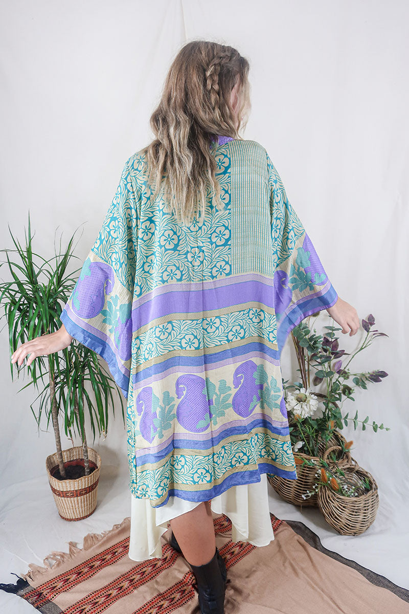 Gemini Kimono - Hawaiian Blue & Hibiscus Lilac - Vintage Indian Sari - Size XS by All About Audrey