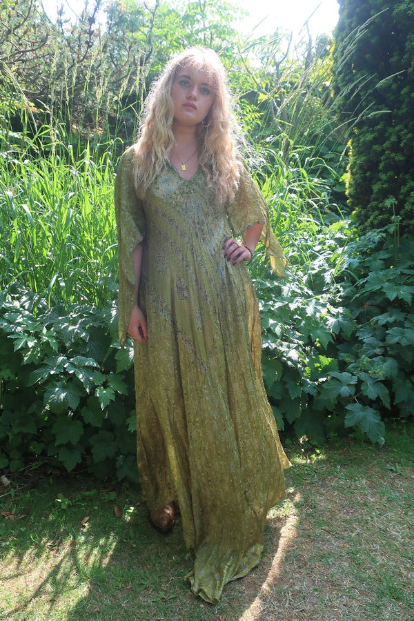 Goddess Dress - Soft Lime & Aqua Paisley Floral - Vintage Pure Silk - XS - M/L by All About Audrey