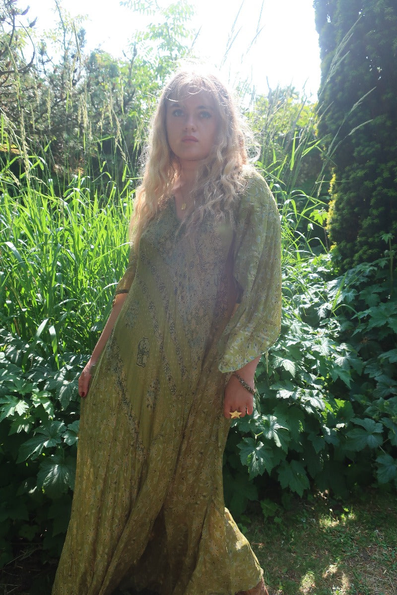 Goddess Dress - Soft Lime & Aqua Paisley Floral - Vintage Pure Silk - XS - M/L by All About Audrey