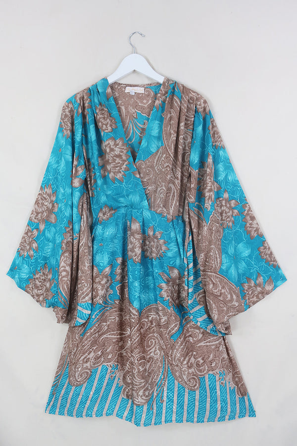 Fleur Bell Sleeve Midi Dress - Tan & Turquoise Paisley - Vintage Sari - S - M/L By All About Audrey