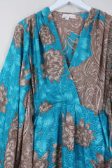 Fleur Bell Sleeve Midi Dress - Tan & Turquoise Paisley - Vintage Sari - S - M/L By All About Audrey