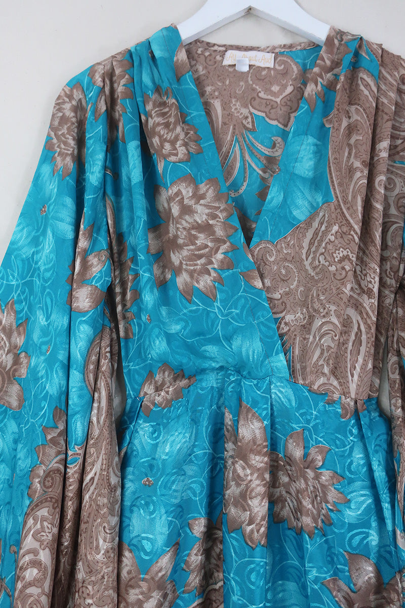 Fleur Bell Sleeve Midi Dress - Tan & Turquoise Paisley - Vintage Sari - S - M/L By All About Audrey