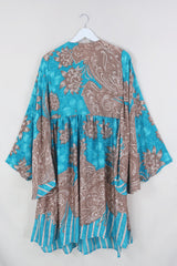 Fleur Bell Sleeve Midi Dress - Tan & Turquoise Paisley - Vintage Sari - S - M/L By All About Audrey