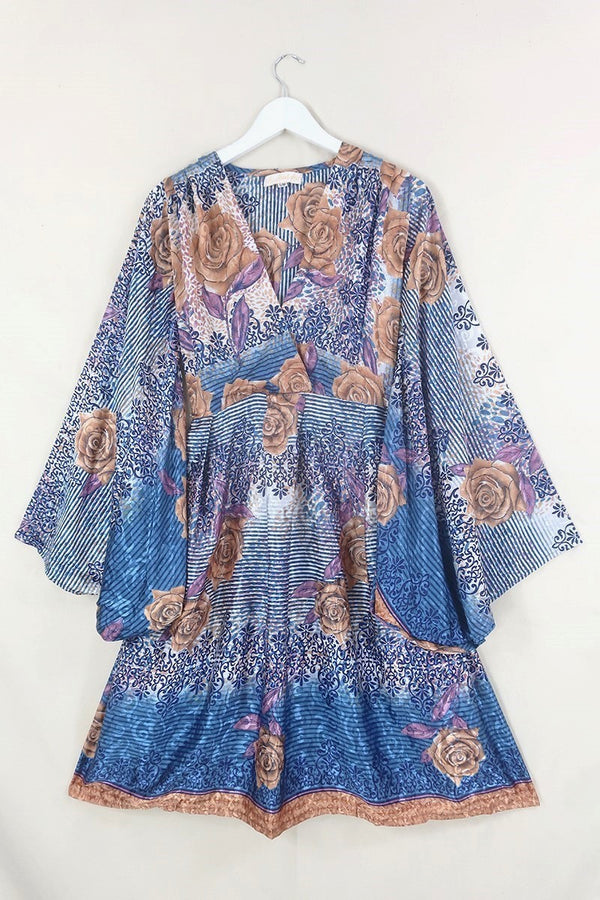 Fleur Bell Sleeve Midi Dress - Prussian Blue & Copper Roses - Vintage Sari - S - M/L By All About Audrey