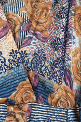 Fleur Bell Sleeve Midi Dress - Prussian Blue & Copper Roses - Vintage Sari - S - M/L