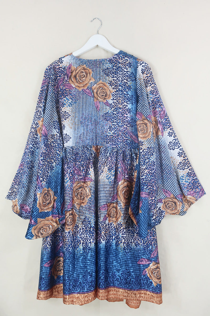 Fleur Bell Sleeve Midi Dress - Prussian Blue & Copper Roses - Vintage Sari - S - M/L By All About Audrey