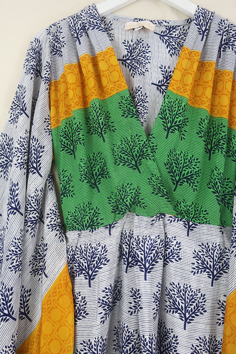 Fleur Bell Sleeve Midi Dress - Sun Yellow & Lime Trees - Vintage Sari - S - M/L By All About Audrey
