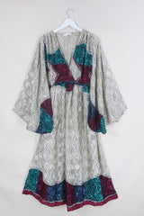 Fleur Bell Sleeve Maxi Dress - White Gold Waves & Teal Paisley - Vintage Sari - S - M/L By All About Audrey