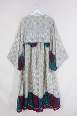 Fleur Bell Sleeve Maxi Dress - White Gold Waves & Teal Paisley - Vintage Sari - S - M/L By All About Audrey