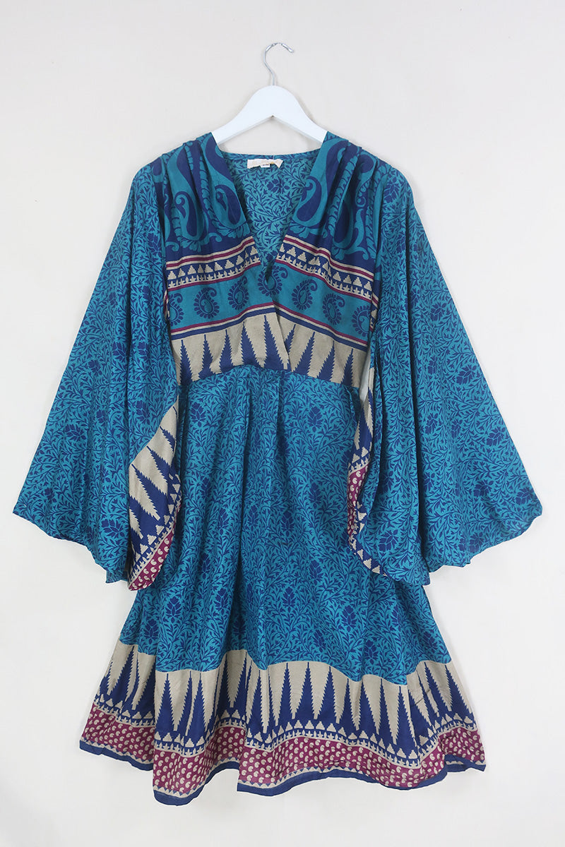 Fleur Bell Sleeve Midi Dress - Marine Blue & Gold Paisley Vines - Vintage Sari - S - M/L