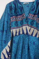 Fleur Bell Sleeve Midi Dress - Marine Blue & Gold Paisley Vines - Vintage Sari - S - M/L