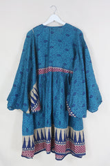 Fleur Bell Sleeve Midi Dress - Marine Blue & Gold Paisley Vines - Vintage Sari - S - M/L