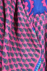 Fleur Bell Sleeve Maxi Dress - Deep Pink & Indigo Motif - Vintage Sari - S - M/L
