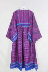 Fleur Bell Sleeve Maxi Dress - Deep Pink & Indigo Motif - Vintage Sari - S - M/L By All About Audrey