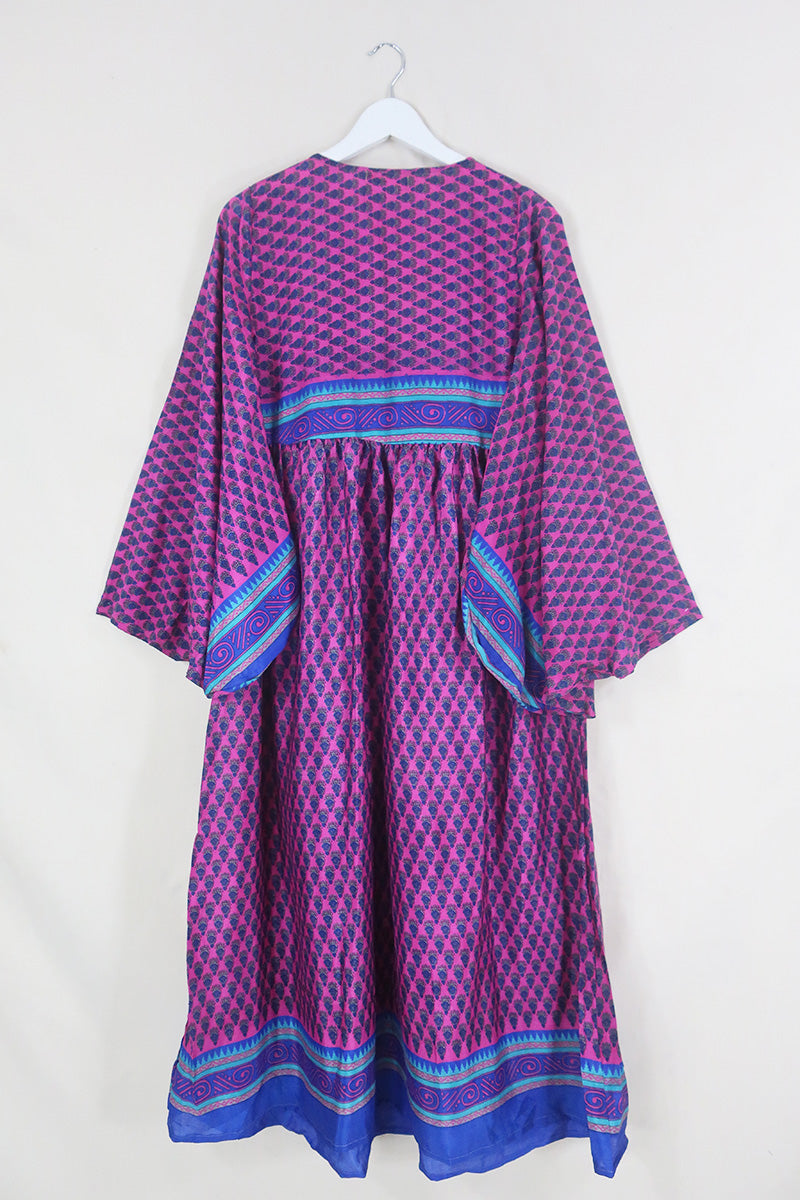 Fleur Bell Sleeve Maxi Dress - Deep Pink & Indigo Motif - Vintage Sari - S - M/L By All About Audrey