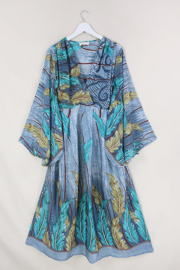 Fleur Bell Sleeve Maxi Dress - Grey Oceanic Plants - Vintage Sari - S - M/L By All About Audrey